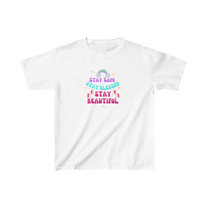 Kids Tee 'Safe, Blessed, Beautiful' Unicorn Rainbows Design Girls