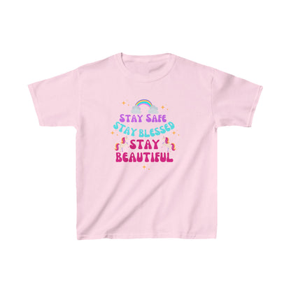 Kids Tee 'Safe, Blessed, Beautiful' Unicorn Rainbows Design Girls